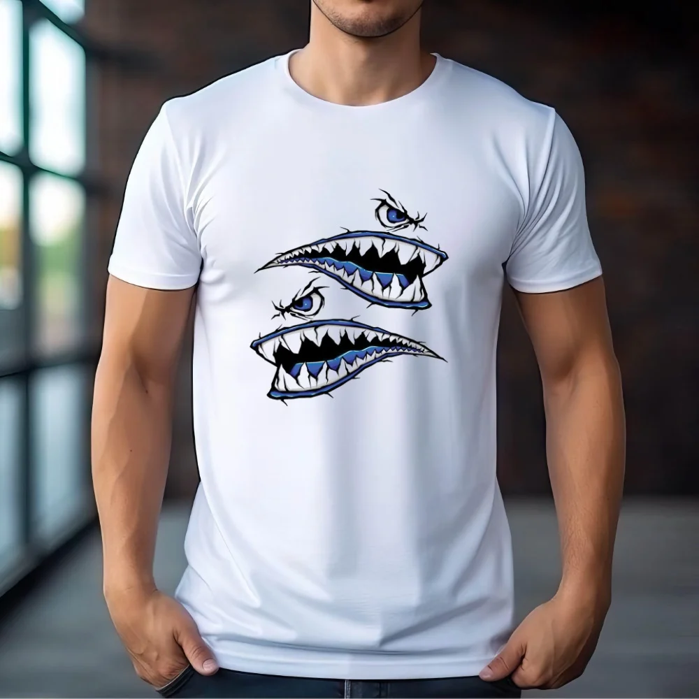 

FPACE Cool Fishing Men T-Shirt Shark Teeth Mouth Printed T shirt Sport Men's Clothing Women Oversized t-shirt