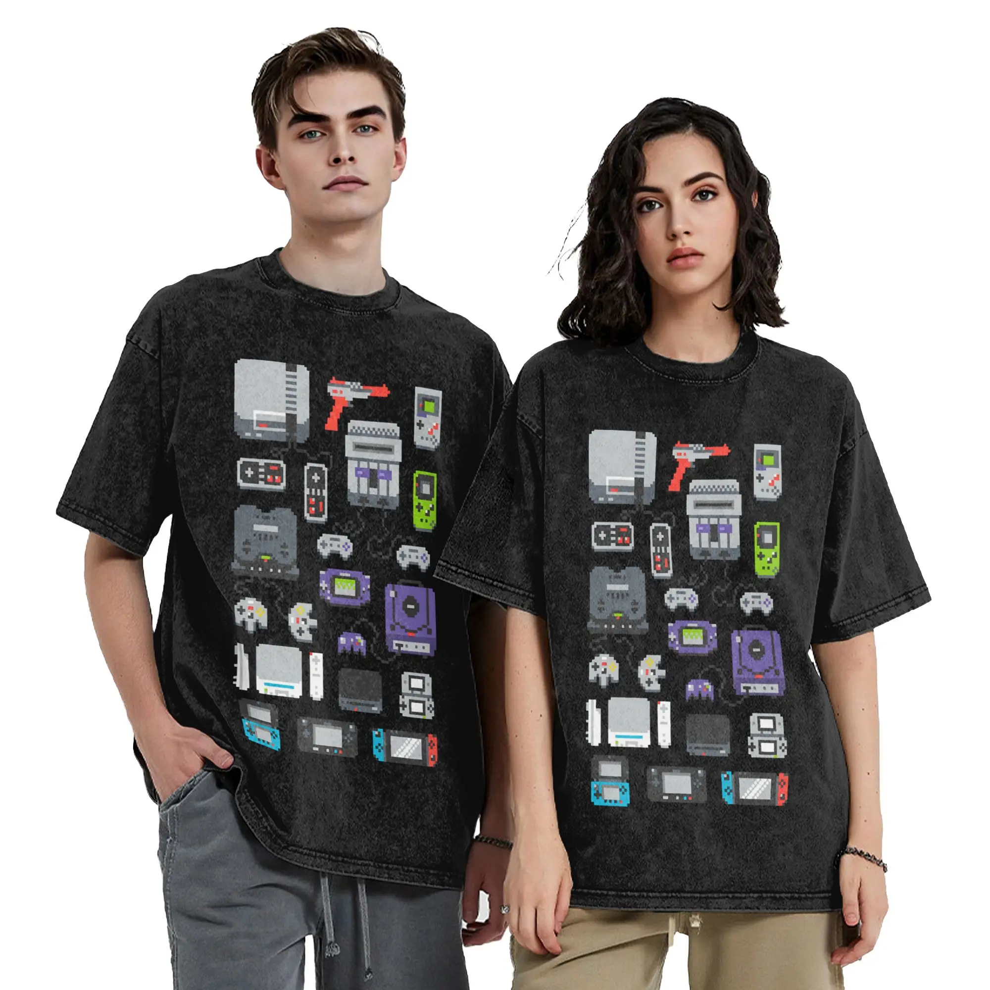 Washed T Shirt Super Pixel of my Childhood game console Vintage T-Shirts Harajuku Streetwear 100% Cotton Tee Shirt for Men Women