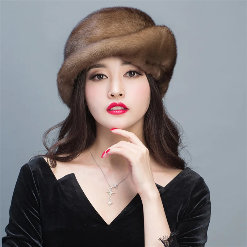 Winter Women\'s Mink Fur Hat Outdoor Warm Luxury Full Fur Hat Russian Fashion Soft Mink Hat Women\'s Warm Ear Hat Flower Pot Hat