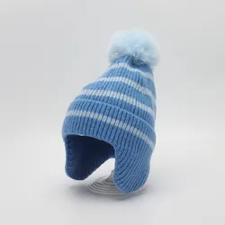 Baby Hat Winter Autumn Korean Striped Knitted Ear Protection Keep Warm Beanie Hats For Girls Boys With Pompom Ball Children New