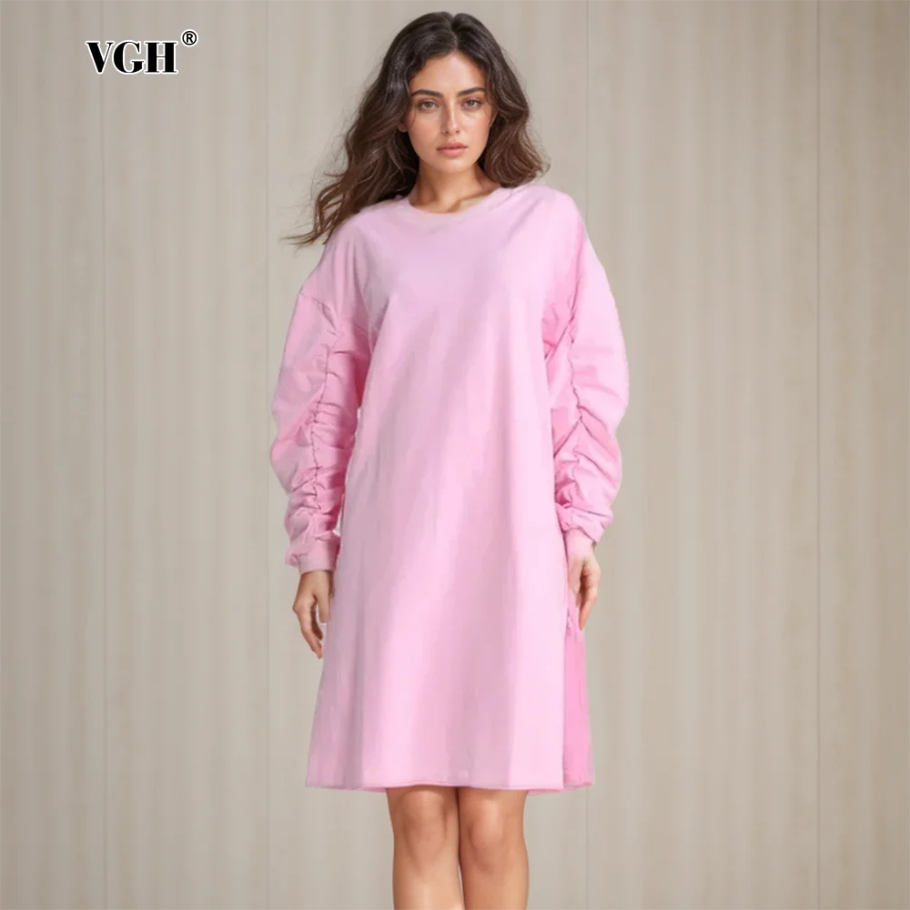 

VGH Pink Loose Casual Dresses For Women Round Neck Lantern Sleeve High Waist Minimalist Solid Midi Dress Female 2024 Clothing
