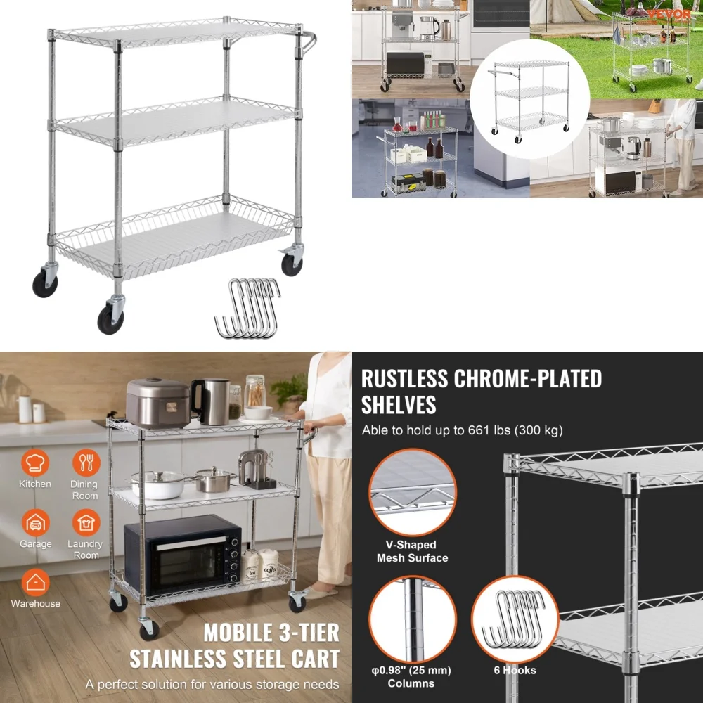 

3 Tier Utility Cart with Wheels Heavy Duty 661 LBS Capacity Rolling Workbench Organizer 35x18x40 9 Inch Mobile Storage Rack 6