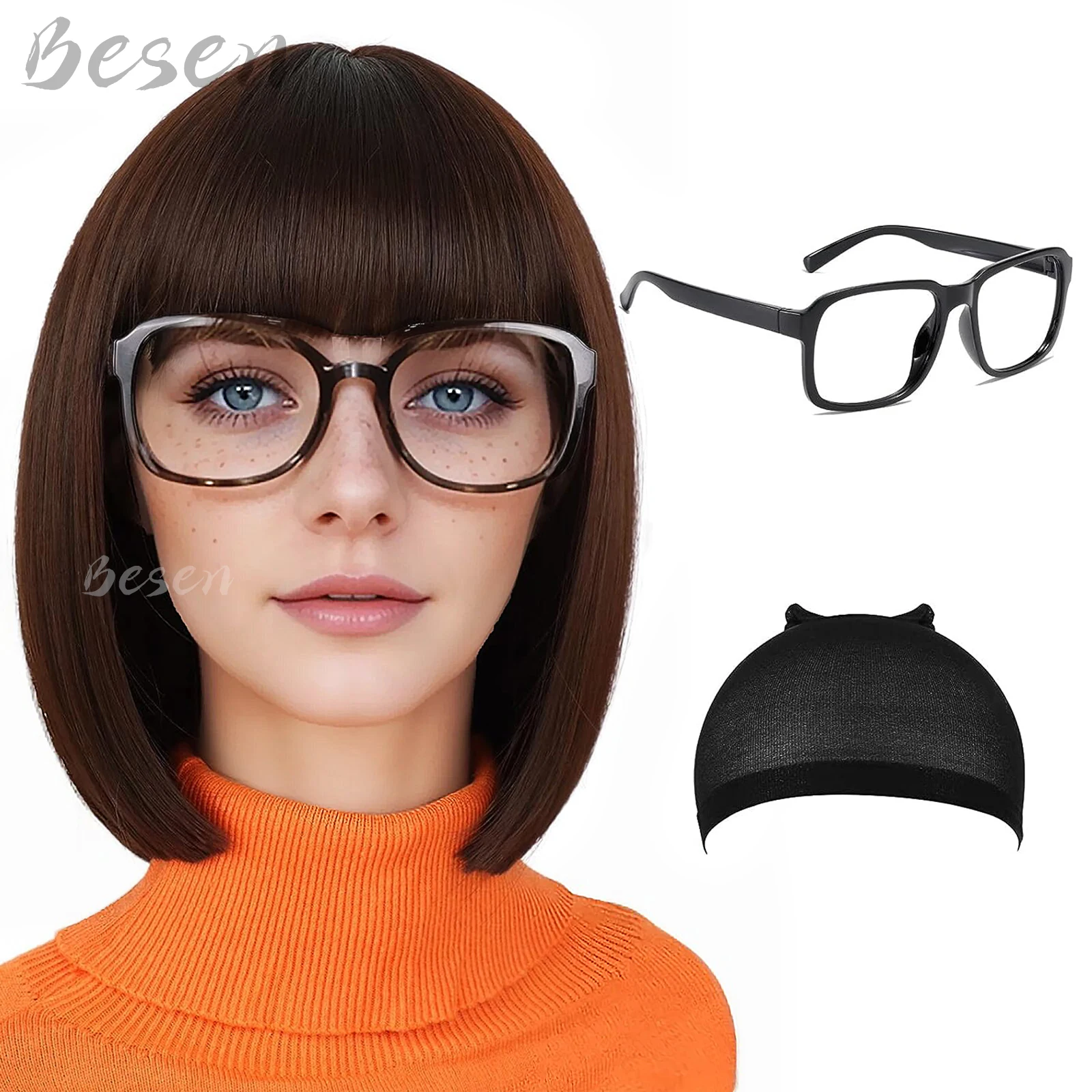 

Синтетические бархатные парики с очками для женщин, коричневый парик Боб с челкой, женские парики для костюма, для повседневного костюма, для Хэллоуина