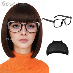 Synthetic Velma Wigs with Glasses for Women Brown Bob Wig with Bangs Women's Costume Cosplay Wigs for Daily Party Halloween Use