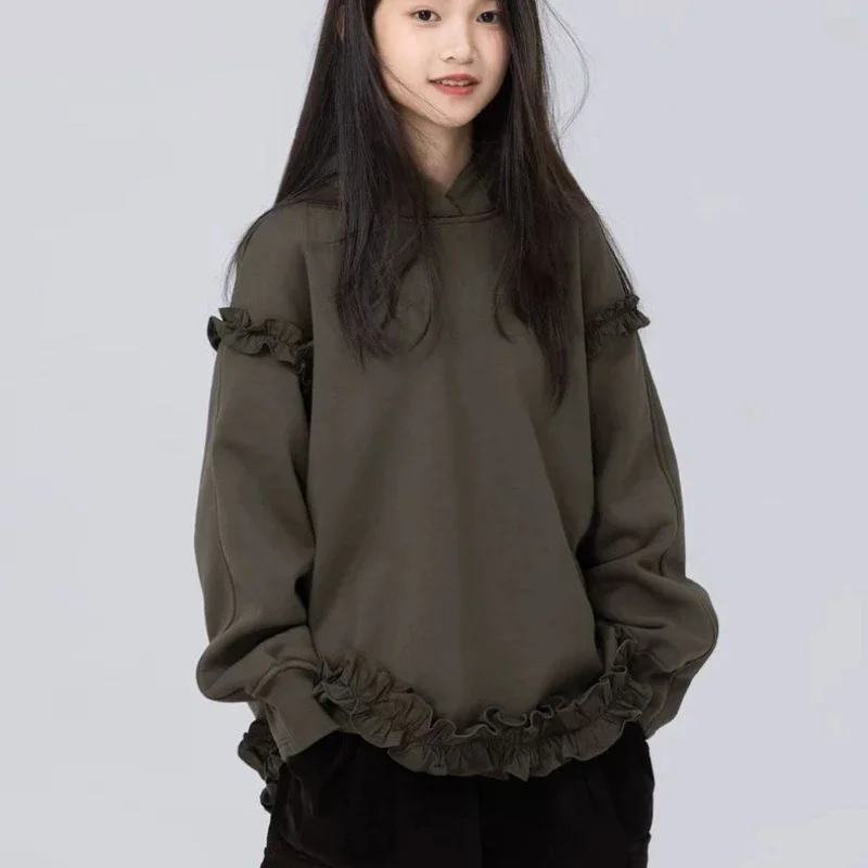 Girls Fleece Hoodie Solid Color Pullover Sweatshirt Autumn Winter Loose Warm Kids Tops