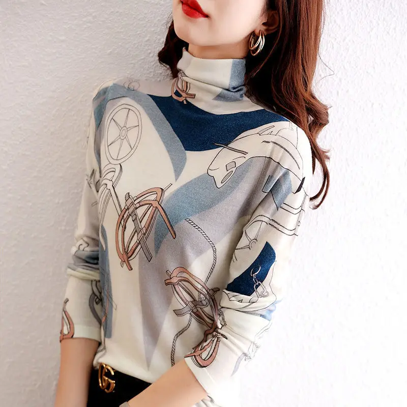 Spring Autumn New Fashion Printing Turtleneck T-Shirts Ladies All-match Slim Knitting Knitting Women Clothing Bottoming Shirt