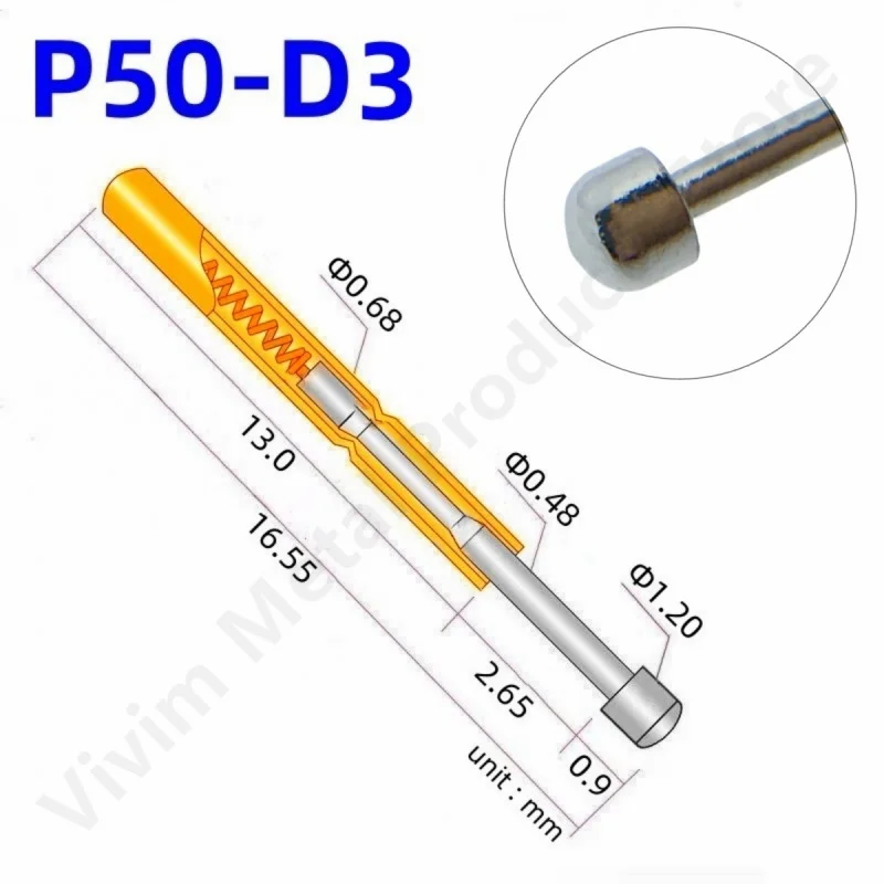 100PCS P50-D3 Spring Test Probe Test Pin Pogo Pin P50-D Electric ICT FCT PCB Test Tool 1.20/0.68/16.55mm Needle Round Tip Head