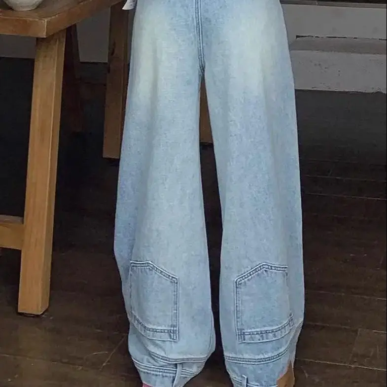 

Do The Old Reverse Design Sense High Street Retro Women Design Washed High Waist Pants Casual Wide Leg Pants Baggy Jeans