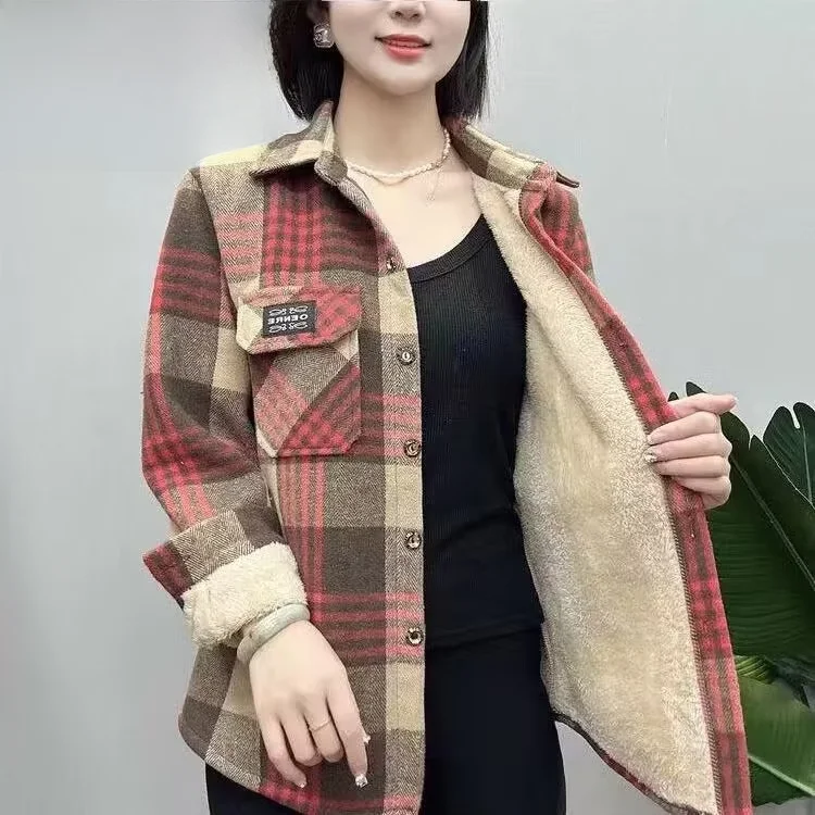 Thick Fleece Plaid Shirt Women Loose Autumn Winter