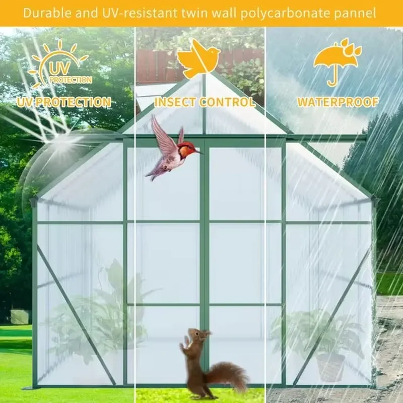 8x8 FT Double Door Heavy Duty Walk-in Polycarbonate Greenhouse with Aluminum Raised Base and Anchor for Year-Round Use for