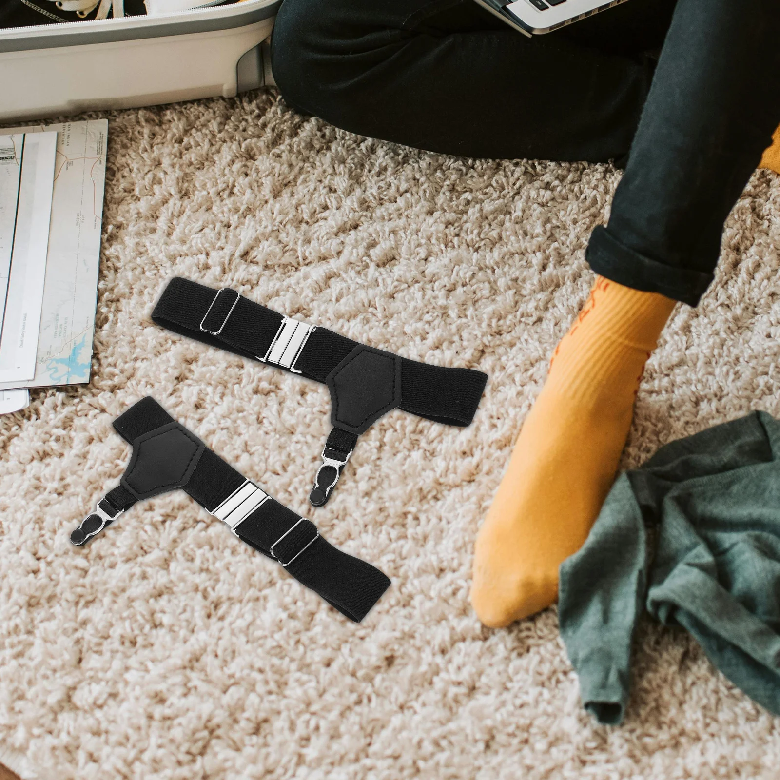 زوج من الحمالات الجورب السوداء القابلة للتعديل للرجال، أربطة من النايلون المرن، تحمل الأقواس، تحافظ على الجوارب الرسمية من السقوط