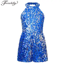 Kids Girls Jazz Dance Performance Costume Sleeveless Shiny Sequin Halter Bodysuit for Christmas Birthday Wedding Party Stage