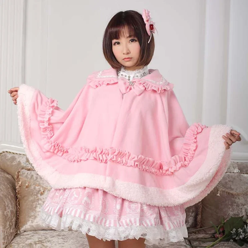 Autumn Winter Warm Thickened Lolita Capes Ponchos Japanese Style Girl Sweet Cute Bow Loose Cape Coat Women Princess OverCoat