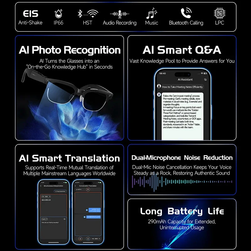 Inteligentne okulary IP65 z AI, kamera HD 800MP, nagrywanie wideo i zdjęć, połączenia Bluetooth, asystent głosowy, odtwarzacz muzyki, inteligentne okulary przeciwsłoneczne z funkcją tłumaczenia.