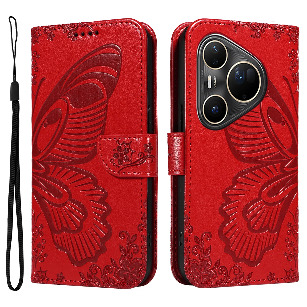 

For Huawei Pura 80 Ultra Case Butterfly Pattern PU Leather Folio Flip Phone Cover - Red