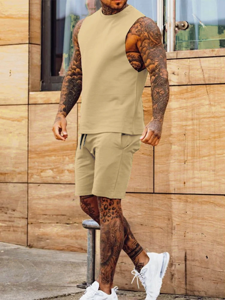 2022 Fashion Solid Two Piece Suits Men‘s O-Neck Tops and Shorts Outfits Men Summer Sleeveless Casual Simplicity Sets Streetwear