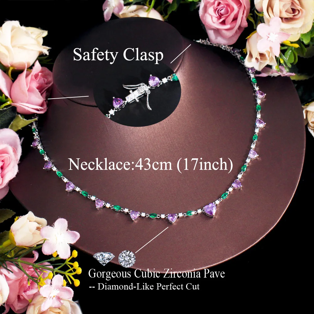 CWWZircons Heart Shape Purple Green Cubic Zirconia Choker Chain Link Tennis Necklace for Women Summer Party Jewelry Gift CP111