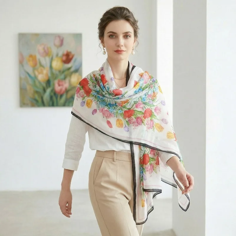 Lightweight Large 100% Mulberry Silk Scarf for Women Oblong Shawl Neck Scarf Beach Wrap Headscarf Gift Pack Multicolored tulips