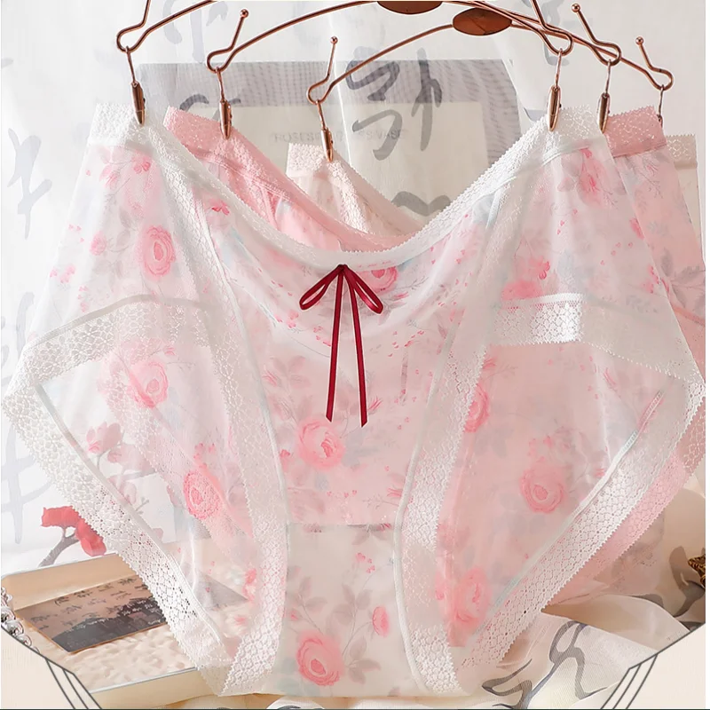 

3PCS/Set Women's Panties Thin Floral Hazy Ancient Style Fairy Sexy Rose Mesh Transparent Plus Size 7XL Briefs Female Underpants