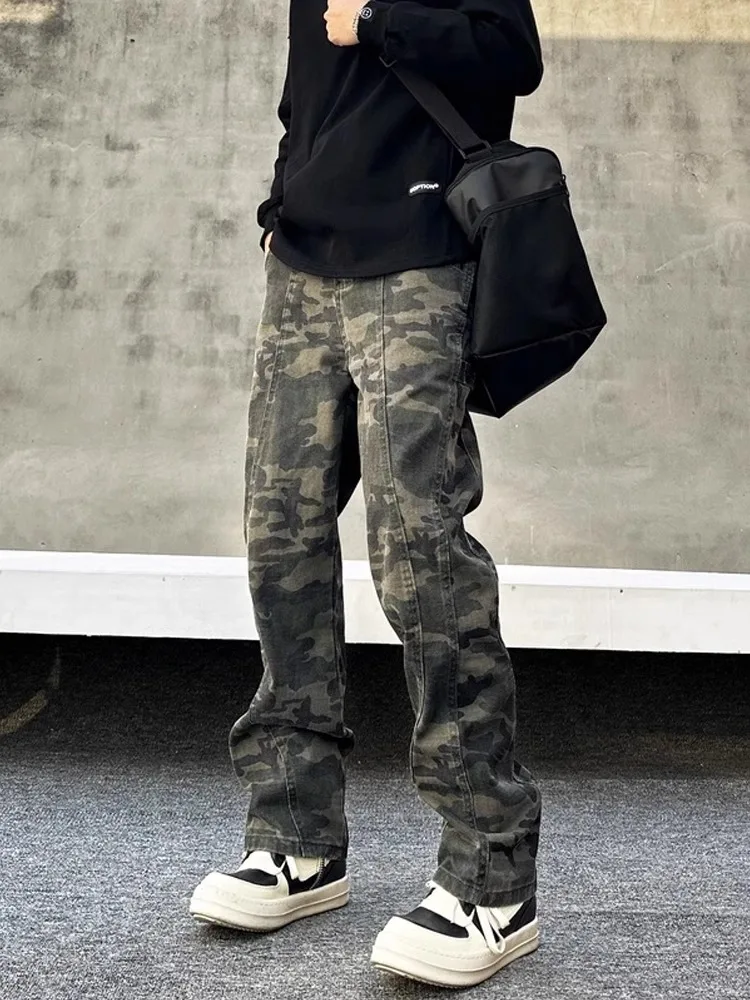 

Retro American Camouflage Jeans Men's Autumn Winter High Street Vibe Flared Pants Slim Straight Timberworker Workwear