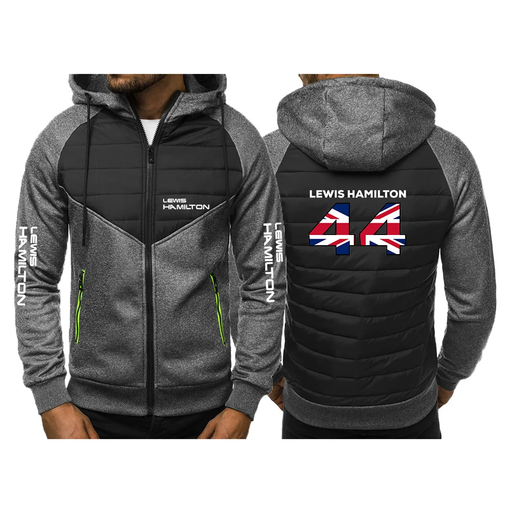 

2025 Lewis Hamilton Digital 44 Logo Printed Patchwork Cotton Hooded Jacket Spring Autumn Men's Long Sleeve Zipper Sports Hoodies