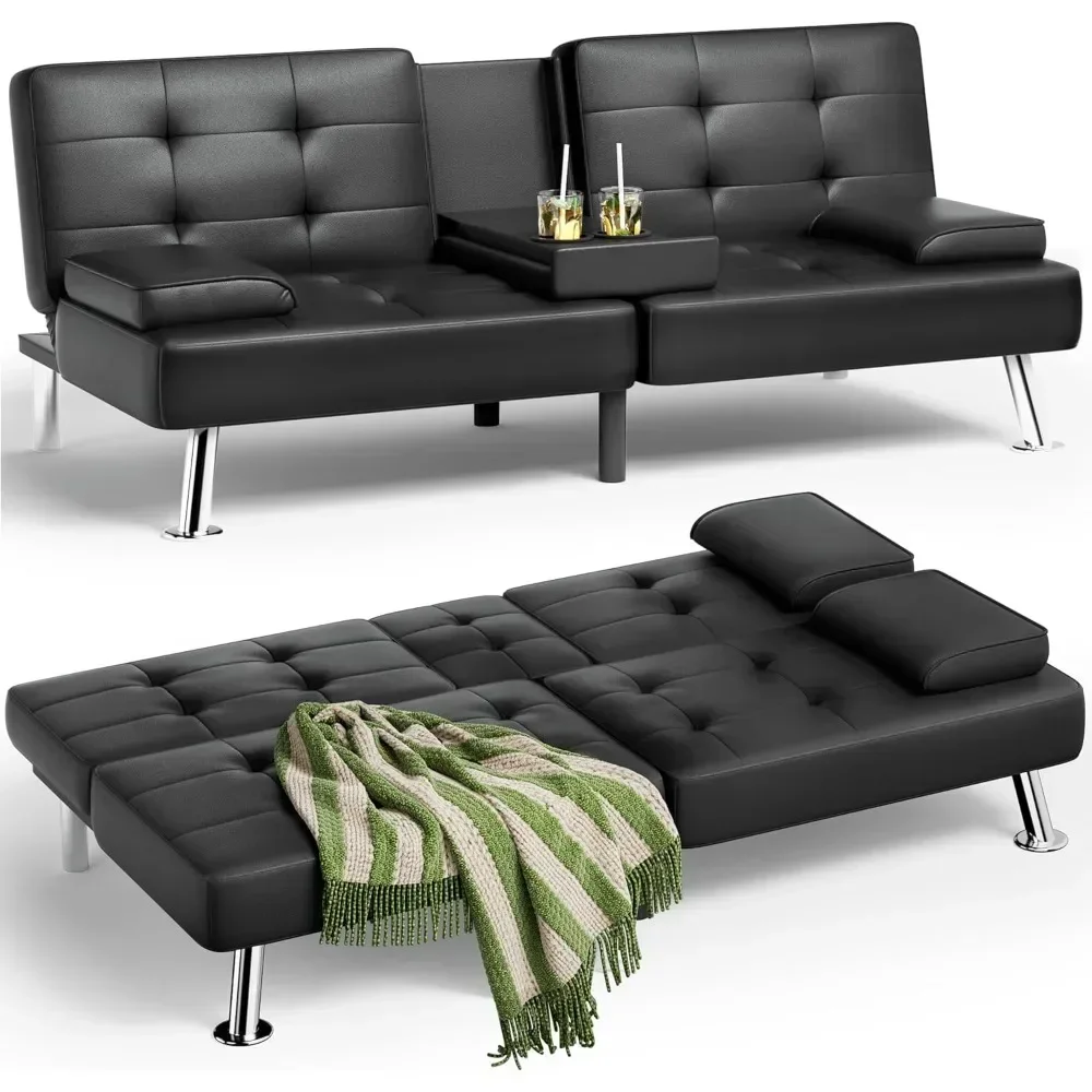 

Faux Leather Upholstered Modern Convertible Folding Futon Sofa Bed with Removable Armrests