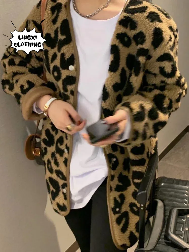 2023 Autumn and Winter New Women\'s Jacket Korean Fashion Elegant Leopard Print Top Leather Fur Integrated Warm Coat Fake Fur