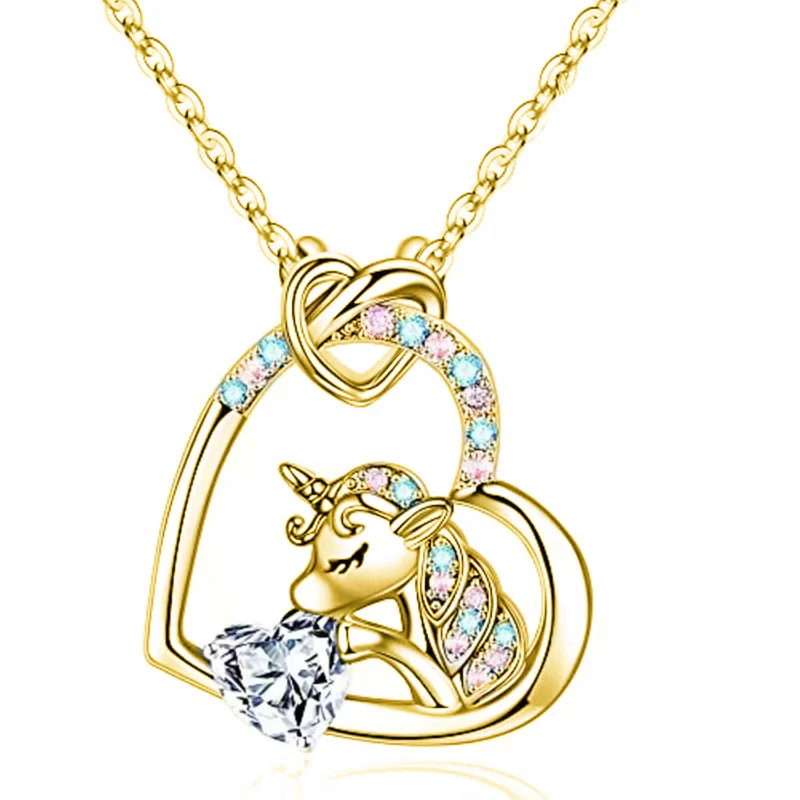 Exquisite Couple Heart Zircon Unicorn Necklace Stainless Steel Animal Pendant Wedding Necklace for Women Jewelry Birthday Gift