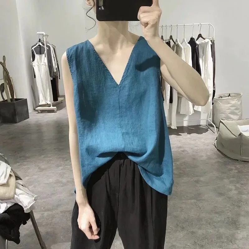 

Summer New Cotton Linen V-ne Strap Vest Women Loose plus Size Fat MM Outerwear Inner Match Svel Top