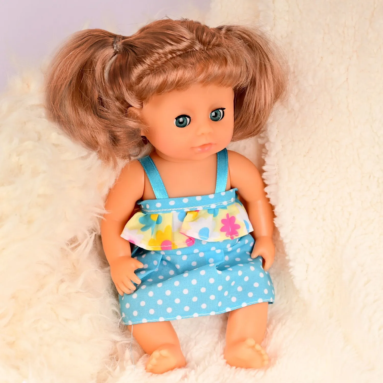 

9 Inch Realistic Baby Doll with Open Close Eyes | Soft Body & Vinyl Head | Blue Polka Dot Dress | Perfect Gift for Kids, Include