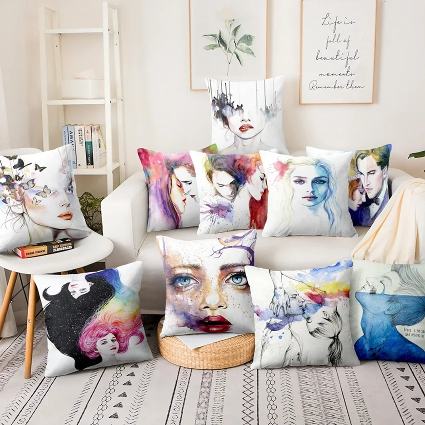 Watercolor Illustration Printed Pillowcase Art Figures Cushion Decorative Pillows Home Decor Sofa Throw Pillow 45x45cm