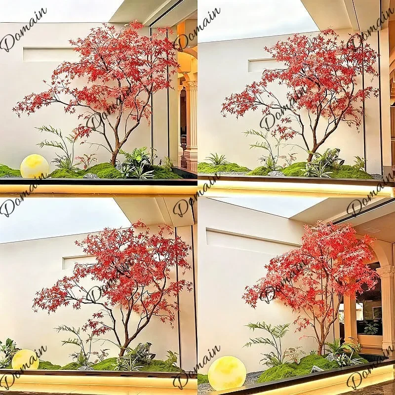 BJ Large Realistic Artificial Red Maple Tree Luxury Faux Plant For Indoor Staircase Window Display Decor