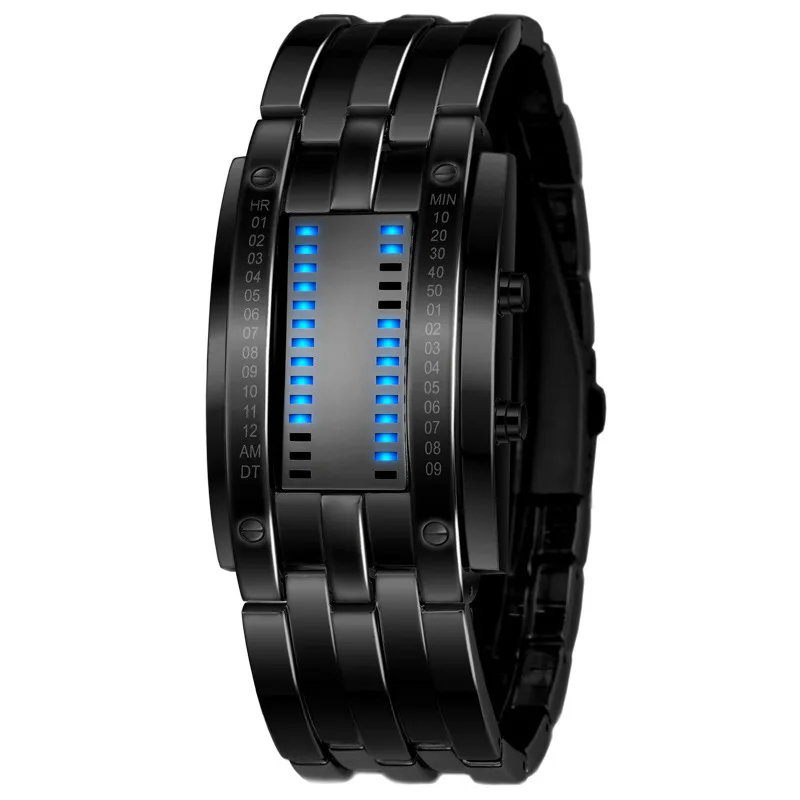 

Creative Mens Binary Matrix Blue LED Digital Watch Fashion Classic Black Plated Waterproof LED Backlight Womens Bracelet Watches