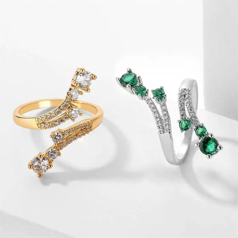 مجموعة خواتم نسائية أنيقة من الزركون مرصعة بالكريستال خواتم هندسية مفتوحة بيضاء وأخضر وأحجار كريمة لحفلات الزفاف هدية مجوهرات