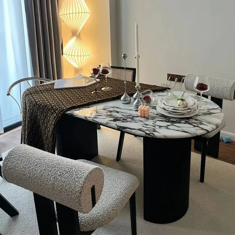 Dining table medieval luxury stone Bulgari purple rock slab retro small apartment semi-round marble dining table and chairs