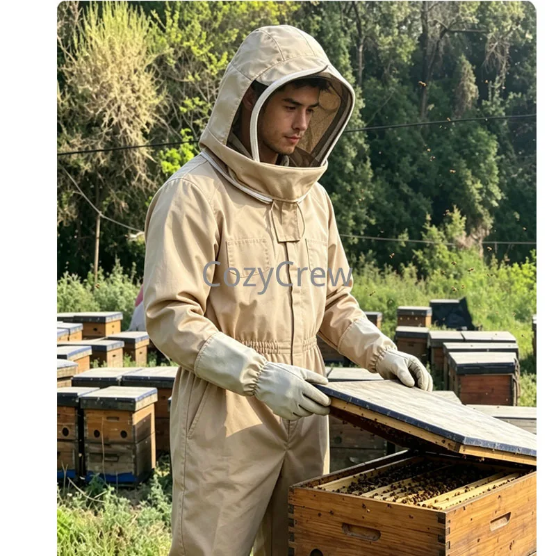 Full Body Beekeeping Suit with Round Veil Hood & Leather Gloves, Side Elastic Waist Sting Proof Beekeeper Protective Jumpsuit