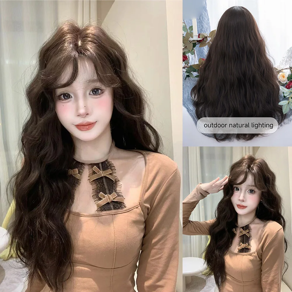 Perucas sintéticas marrom escuro para mulheres, linda peruca Lolita, parte média, cabelo ondulado natural longo, resistente ao calor, uso diário, resistente ao calor, 26"