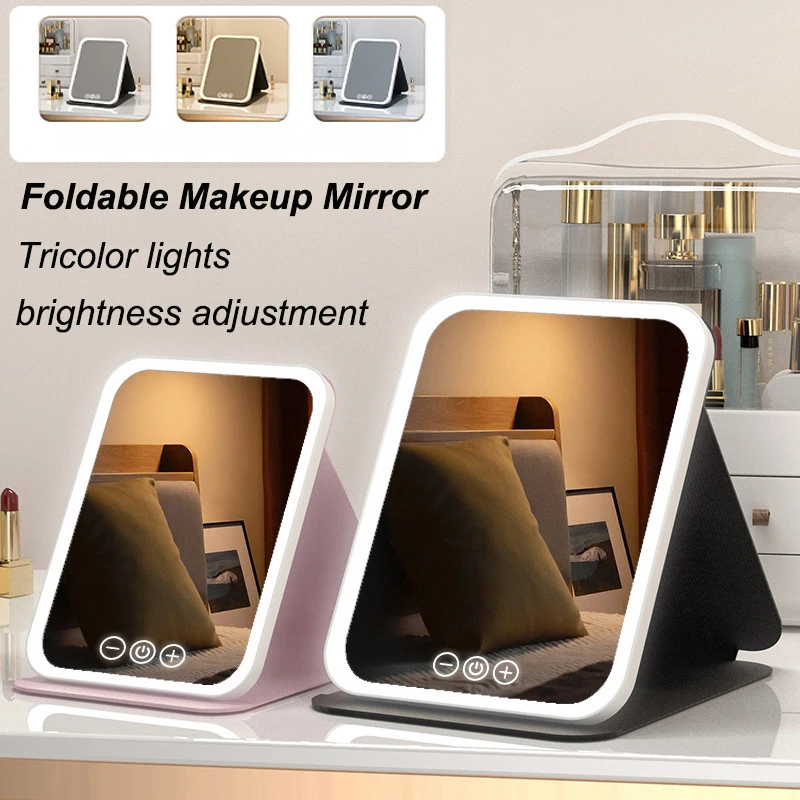 

New 3 Colors Dimmable LED Makeup Mirror with Touch Screen Desktop Rechargeable Fold Cosmetic Makeup Mirror for Travel & Home Use