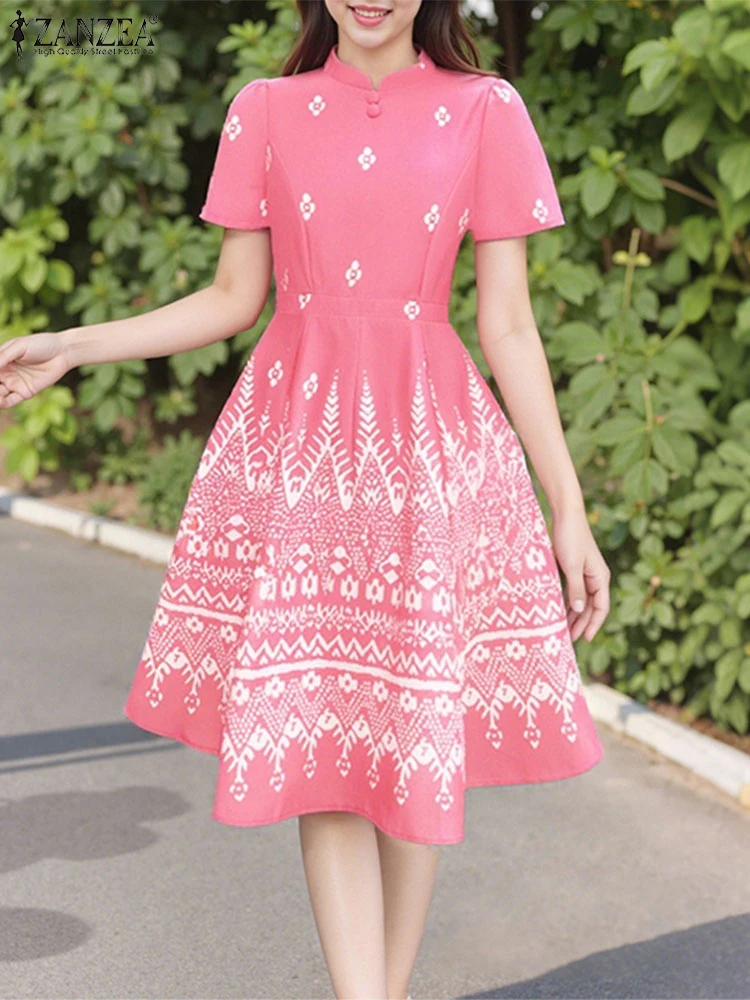 

ZANZEA Vintage Ethnic Printing A-line Dresses Woman Elegant Mandarin Collar Short Sleeve Knee-Length Robes Femme Summer Vestidos