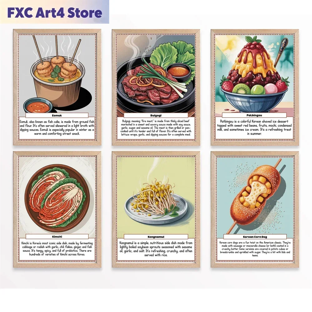 Pósteres de comida coreana sin marco, platos tradicionales coreanos, Bulgogi, Kimchi, pinturas artísticas en lienzo, decoración del hogar, Cuadros
