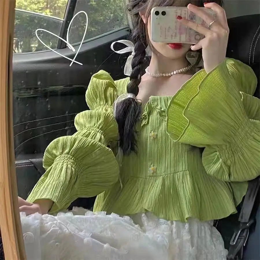 Blouses Women Summer French Style Ruffles Flare Sleeve Sweet Students All-match Clothing Harajuku Tender Tops Fashion Classic