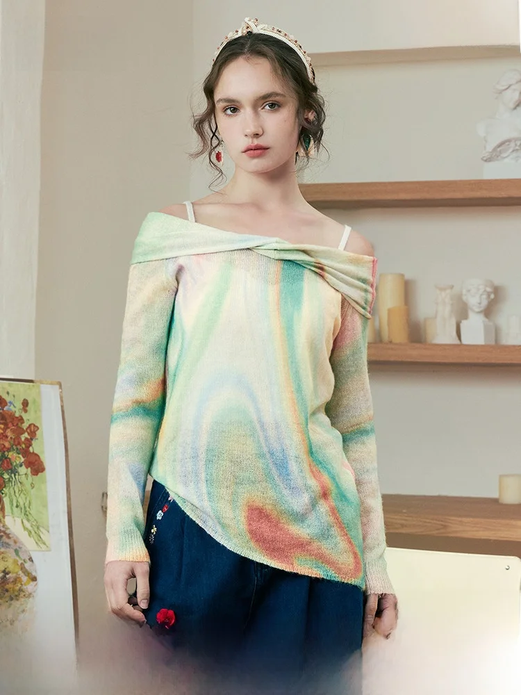 

Asymmetric Hem One-oulder Knitted Sweater Women's Sweet Sle Spring New Floral Pattern Aesthetic Visual Effect