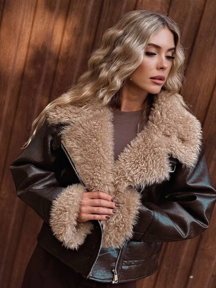 Black Faux Shearling Lined Cropped Biker Jacket Female Oversized Loose Fit Ladies Winter Streetwear Commute Moto Outerwear Warm