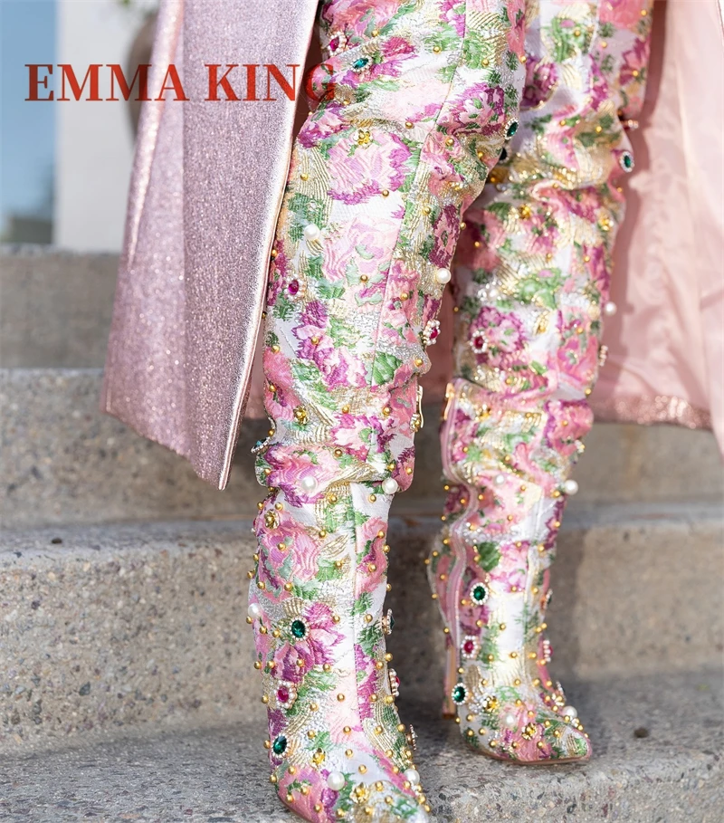 الأزهار التطريز فوق الركبة الأحذية مثير الإناث الخريف أشار تو الفخذ أحذية عالية الأحجار الكريمة التفاصيل أحذية الحفلات للمرأة #6