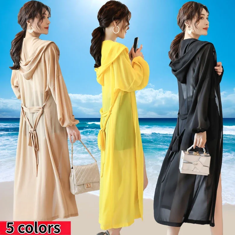 

5 Colors Long Style Hooded Sun-proof Jackets Women Korean Fashion Elegant Casual Coat Beach Sheer Thin Breathable Summer Baggy