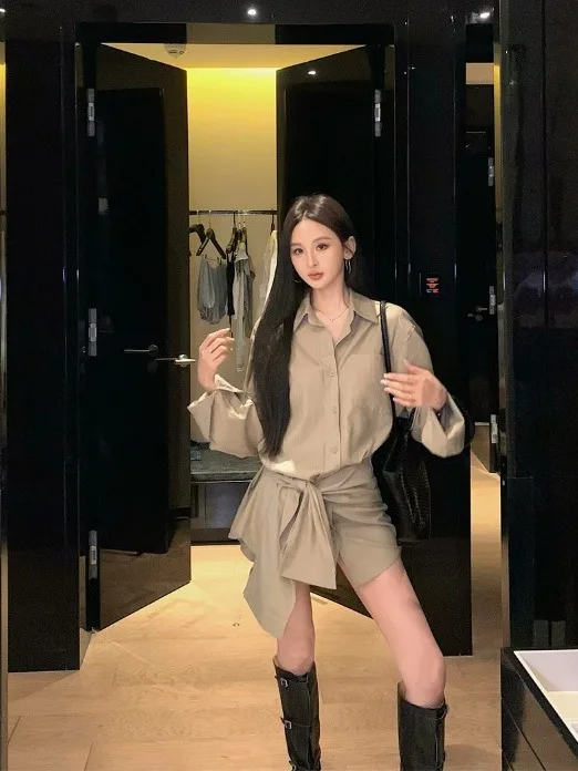 

Элегантная свободная женская рубашка для защиты от солнца, весна 2026, новый стиль, стройнящий крой, универсальный топ с завязками, модный корейский стиль для повседневной носки