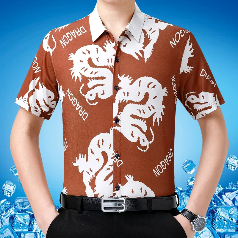 

Print Skin-Friendly Shirts For Men Short Sleeve Silky Easy Care Summer Quality Cool Feeling Casual Beach Style Camisas De Hombre