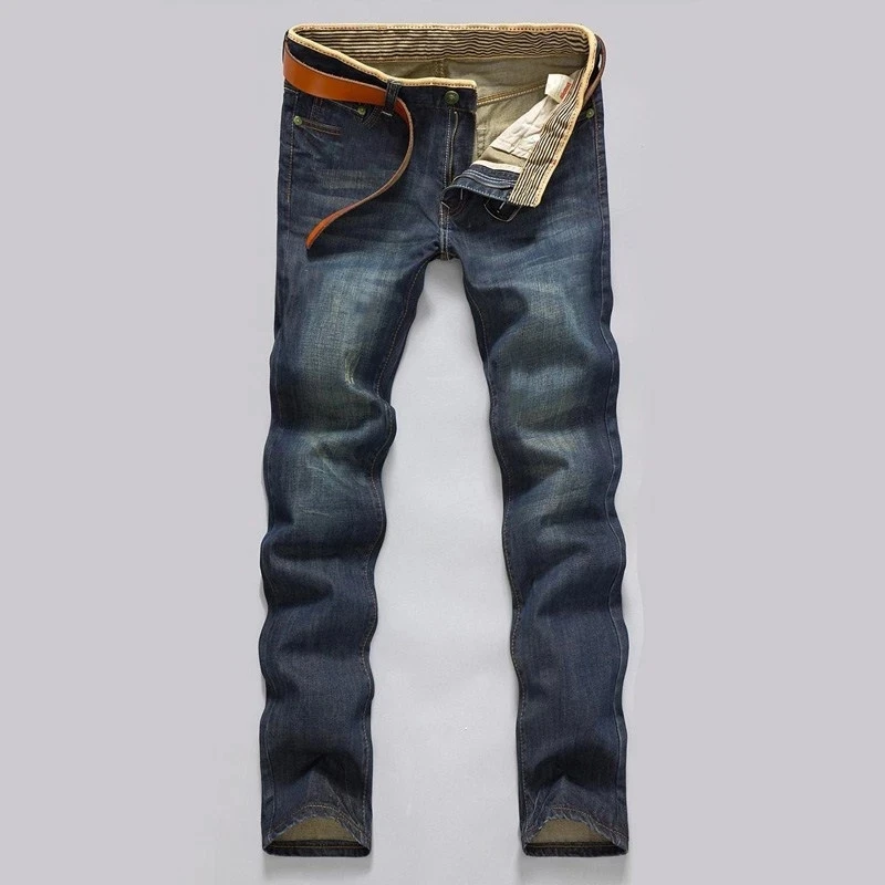 Clássico masculino casual mid-rise reta jeans calças compridas calças confortáveis solto caber nova marca jeans do homem