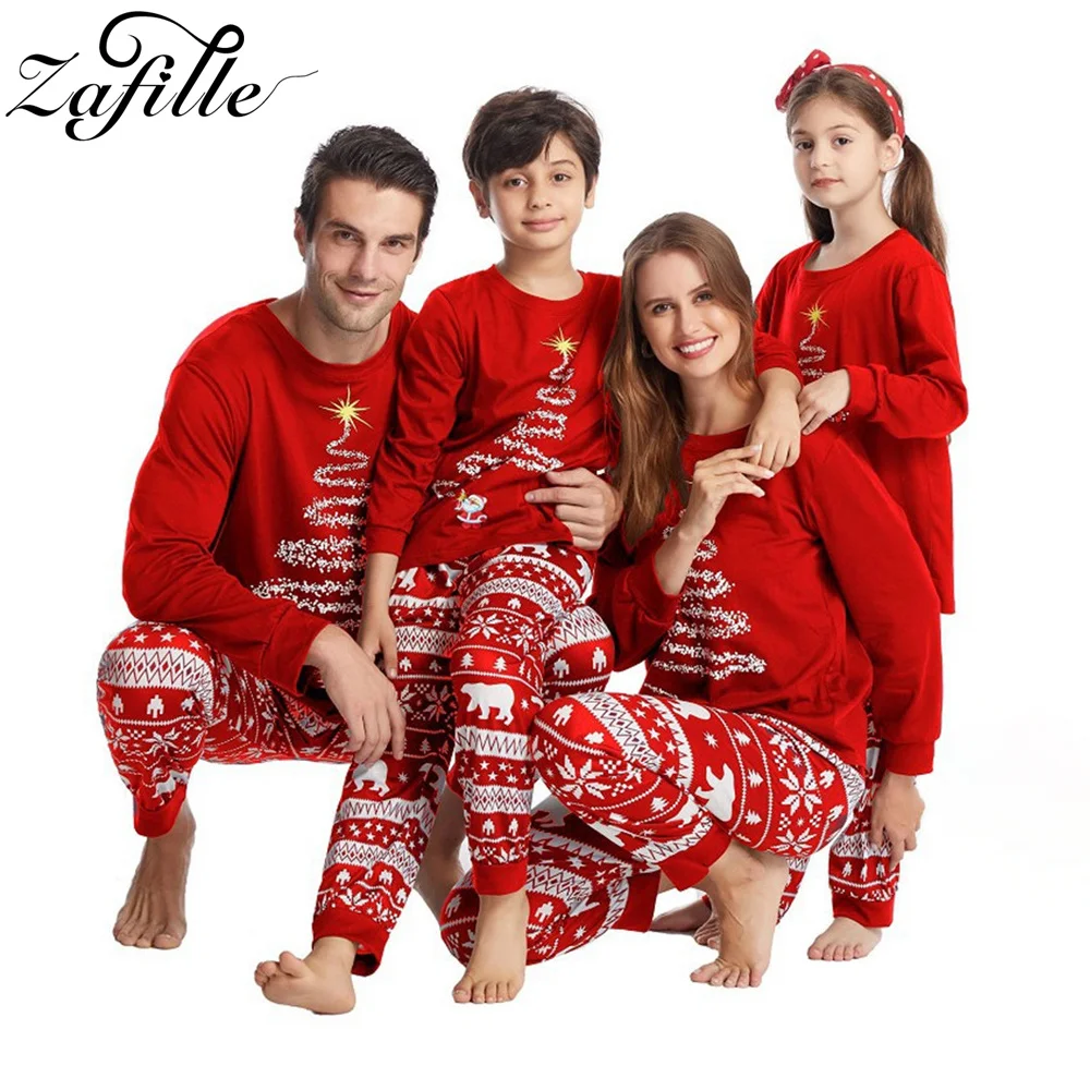 

ZAFILLE New Year's Family Matching Outfits 100% Cotton Mother Daughter Clothes Christmas Tree Print Father And Son Same Clothing