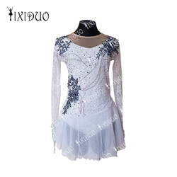 Women Child White Lace Figure Skating Dress Rhinestone Long Sleeve Leotard Ice Skating Dress Dance Costume Performance Clothing